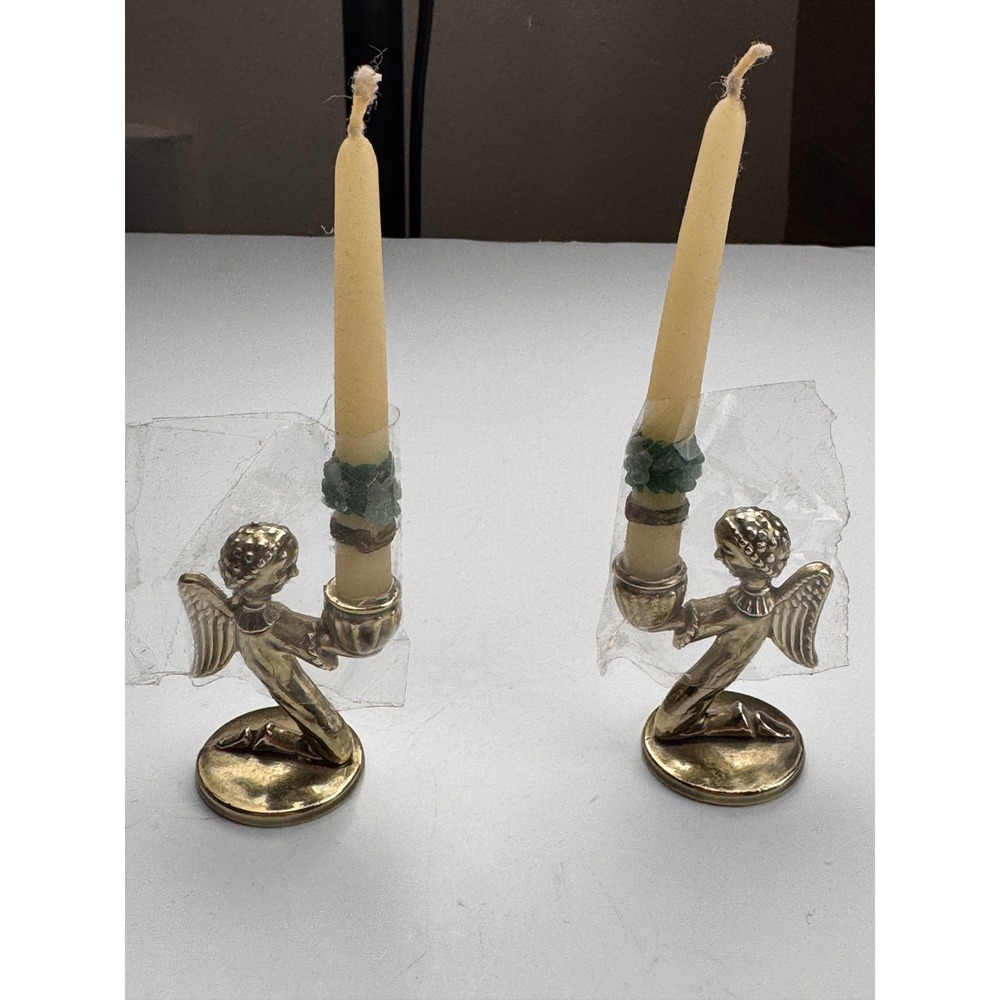 Vintage Miniature Brass Angel Candle Holders Set of 2 Kneeling Cherub Figurines